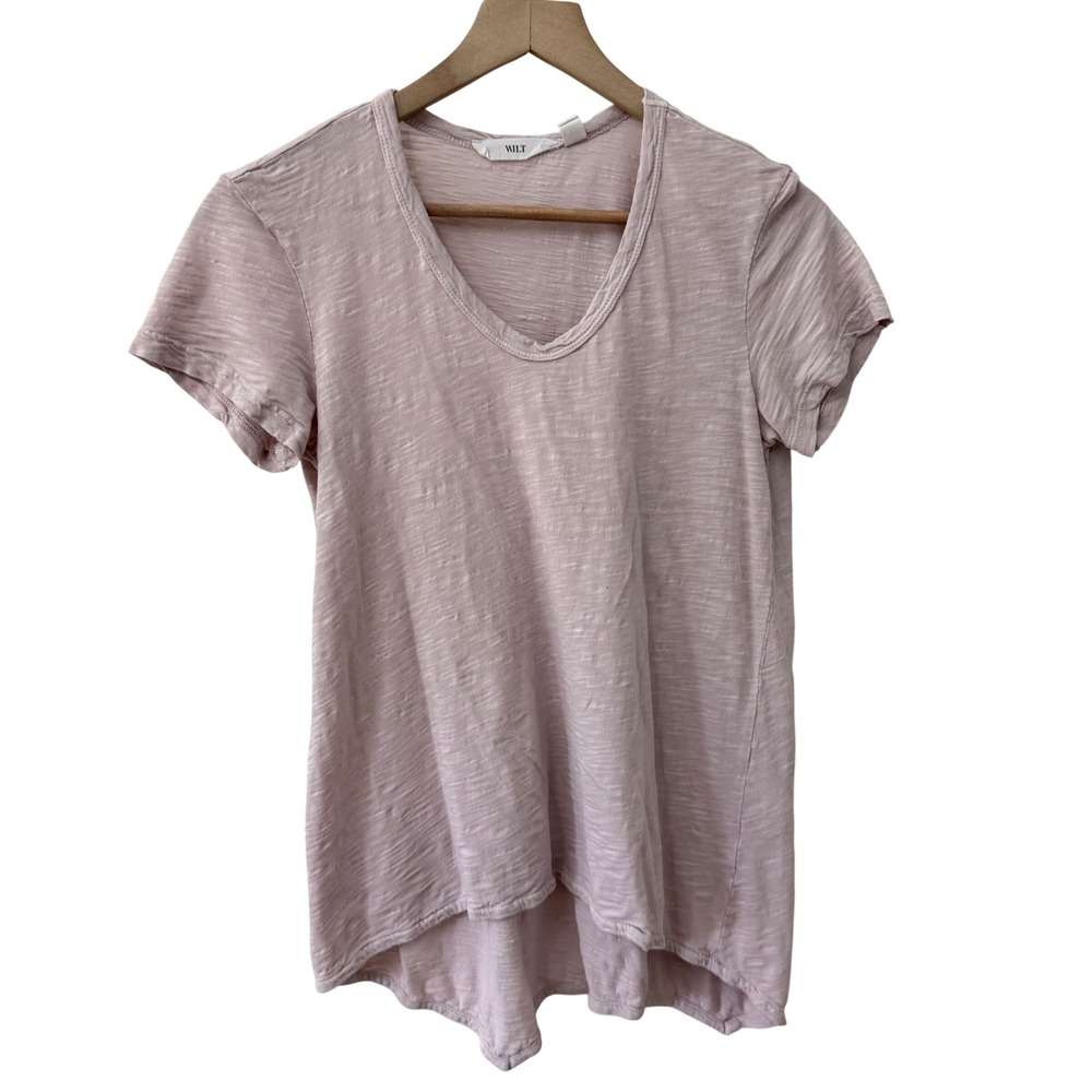 Wilt Slub Cotton V-Neck T-Shirt Size S Blush Pink High-Low Hem Made in USA